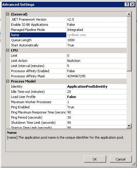 Application Pools. Application Pool Advanced settings на русском языке. By bit приложение. SQL Sentry.