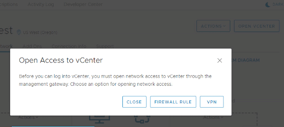 vCentre prompt to configure a firewall rule