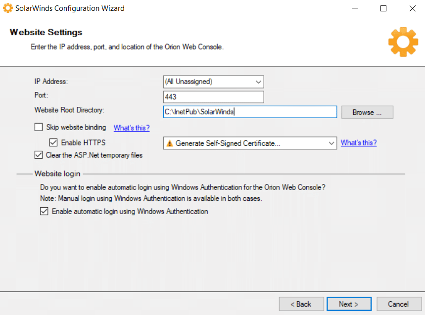 SolarWinds website settings